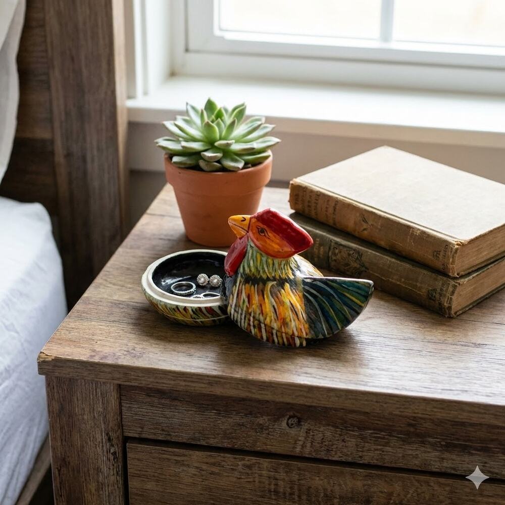 Vintage Handpainted A.M. Baba Rooster Trinket Dish Folk Art